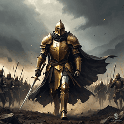 A formidable knight clad in ornate golden armor strides onto the battlefield, radiating a dark charisma. His piercing gaze and engraved insignia hint at a menacing legacy, while shadows swirl around him, enforcing an unsettling aura. He embodies both heroism and dread, commanding both awe and fear.