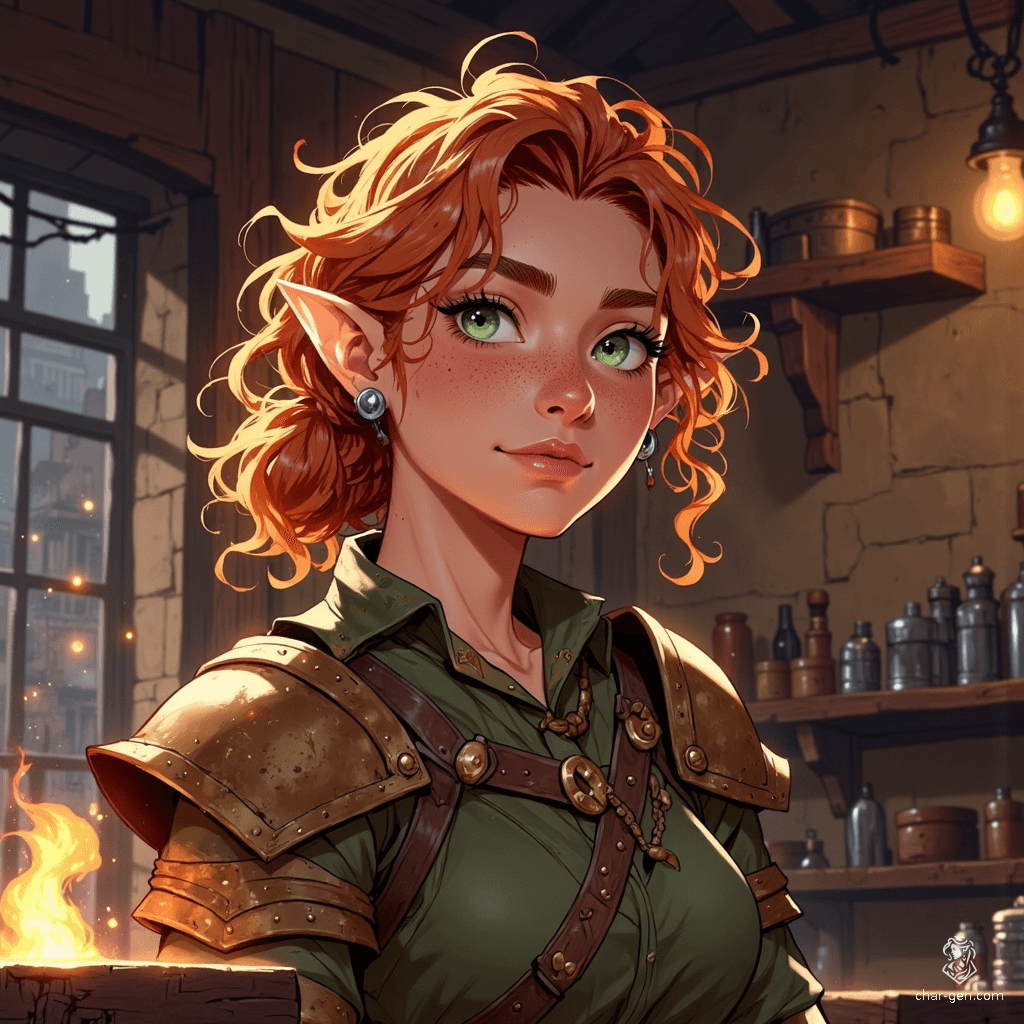 A spirited young female dwarf, with long curly red hair tied in a messy ponytail and freckles adorning her porcelain skin, proudly works in her blacksmith shop. Clad in battle-worn plate armor, her vibrant green eyes shine through the warm morning light, capturing her strength and determination in a lively fantasy world.