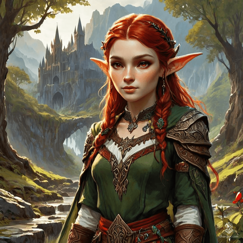 Keyleth, a 17-year-old female Half-Elf druid, is wise and deeply connected to nature and animal companions. With fair skin, brown eyes, and striking cherry-red hair, she embarks on her Aramente quest. Socially awkward yet endearing, Keyleth seeks to prove herself as a capable leader of the Air tribe.