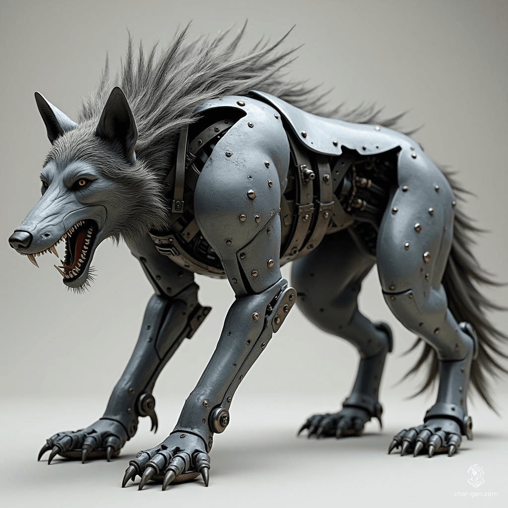 The mechanical dire wolf is a formidable creature crafted from sleek grey metal, exuding an aura of menace. With sharp, angular features and glowing eyes, it stalks its prey silently, a relentless fusion of beastly power and advanced machinery, embodying the perfect predator in a metallic form.