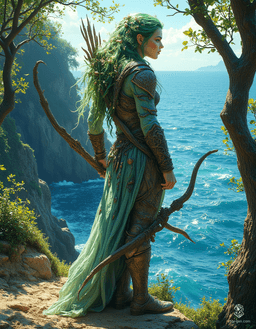 Kaelen, a male triton ranger, stands as a guardian between sea and forest. His vivid sea-blue skin and kelp-green hair, adorned with shells and leaves, echo his aquatic origins. Clad in unique armor that melds marine and terrestrial elements, he wields a driftwood bow, embodying harmony between both realms.