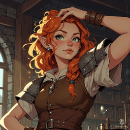 A spirited young female dwarf, with long curly red hair tied in a messy ponytail and freckles adorning her porcelain skin, proudly works in her blacksmith shop. Clad in battle-worn plate armor, her vibrant green eyes shine through the warm morning light, capturing her strength and determination in a lively fantasy world.