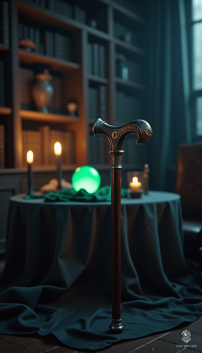 This exquisite walking cane, fashioned from polished ebony and topped with a silver handle engraved with a capital "C," serves as a conduit for arcane energies. Empowered by ancient enchantments, it enhances the user's intuition and reveals hidden truths, guiding them through the shadows of both the world and the mind.