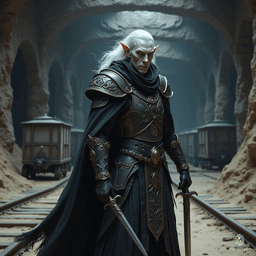 A 235-year-old male shadar-kai rogue, this shadow-kissed sorcerer weaves through darkness with a dagger in hand. Clad in intricate leather armor, he bears raven hair and obsidian eyes, haunted by his past as a general of a dark army, now yearning for redemption.