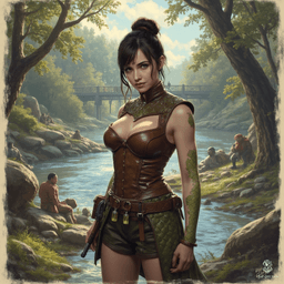 Izzy, a perky halfling assassin, stands at 1.5 meters, draped in snug brown leather armor. Her yellow-green eyes, reminiscent of a serpent's, gleam with cunning. Adorned with shimmering green scales, she skillfully balances beauty and malice, ready to strike as she lurks in the shadows, a master of stealth and poison.