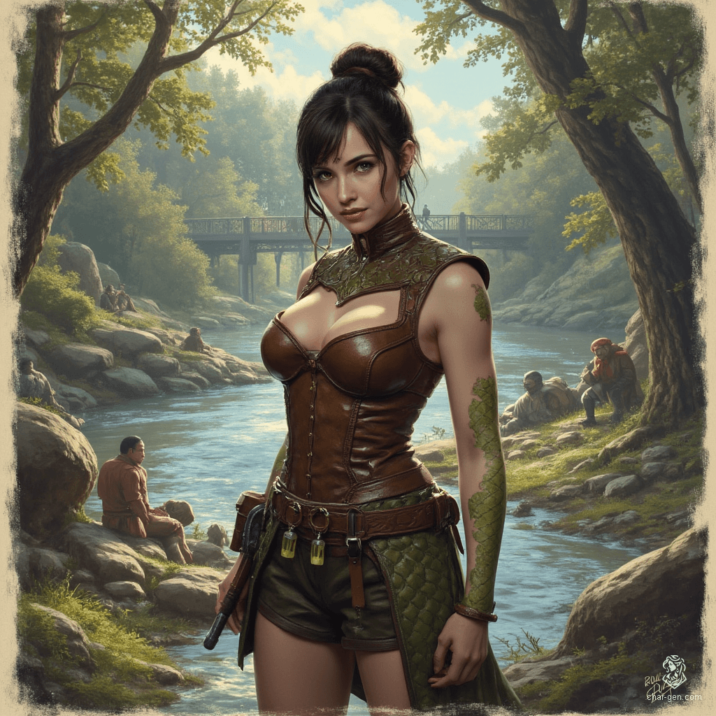 Izzy, a perky halfling assassin, stands at 1.5 meters, draped in snug brown leather armor. Her yellow-green eyes, reminiscent of a serpent's, gleam with cunning. Adorned with shimmering green scales, she skillfully balances beauty and malice, ready to strike as she lurks in the shadows, a master of stealth and poison.