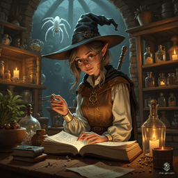 Maryam, the Apothecary Witch, is a graceful, older elf with tanned skin and bright topaz eyes that shimmer with curiosity. Her shoulder-length, tea-colored hair is streaked with grey, and she wears a charming pointed hat. Surrounded by jars of herbs and potions, she meticulously studies her tome, embodying a warm blend of wisdom and excitement, aided by her translucent spider familiar.