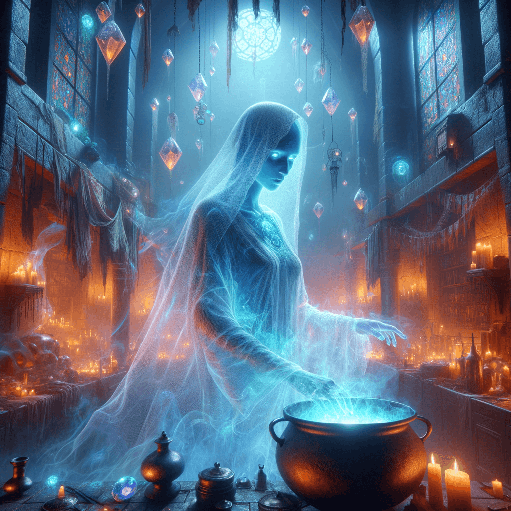 A spectral female ghost adorned in flowing wizard attire, she glides effortlessly through walls with a haunting beauty. Her ethereal form glows in translucent blue, contrasting sharply with her distinct skin texture, creating an enchanting presence that evokes both wonder and fear.