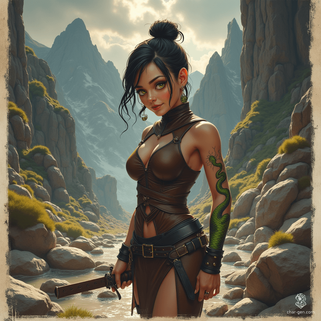 Izzy, a perky halfling assassin, stands 1.5 meters tall with striking yellow-green eyes and snake-scale tattoos adorning her bare arms. Clad in a tight brown leather tunic, she lurks in the shadows, exuding an aura of deadly competence and a playful malice that hints at the thrill of her lethal hunt.