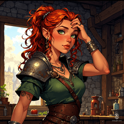 A spirited young dwarf blacksmith, her messy red ponytail and vibrant green eyes reflect her fiery personality. Clad in battle-worn armor, she exudes pride as she works, framed by the medieval city outside. Boldly illustrated with a playful anime flair, she's a master of her craft, blending strength and artistry.