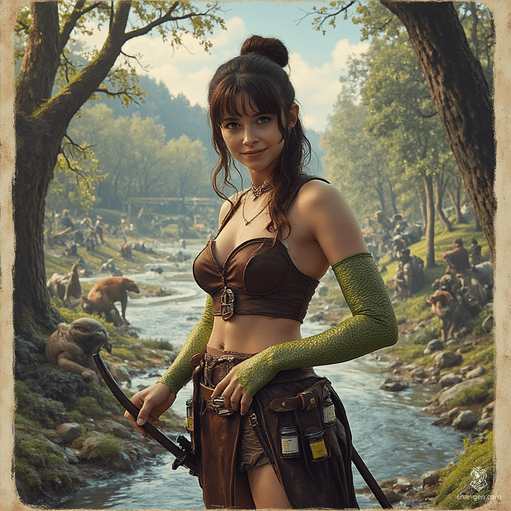 Izzy, a young halfling assassin, combines beauty and danger with her striking yellow-green snake-like eyes and shimmering green scales. Clad in a tight brown leather breastplate and armed with poisons, she lurks in the shadows, exuding a tense, thrilling aura as she awaits her prey.