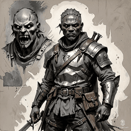 A fluid-gendered, grey-skinned ranger-turned-bandit with jet-black hair, clad in tattered leather armor and a skull-shaped mask. Hardened and ruthless, they wield weapons with brutal precision, guided by a keen eye, and carry a pouch of stolen coins from their marauding exploits.