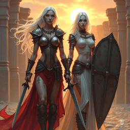 In the heart of an ancient arena, two fierce Drow sisters stand resolute. The tall, agile warrior with flowing white hair wields twin swords, her fierce red eyes ablaze. Beside her, the stockier sister, scarred and steadfast, holds a battered shield, ready for battle. Together, they embody strength and resilience.