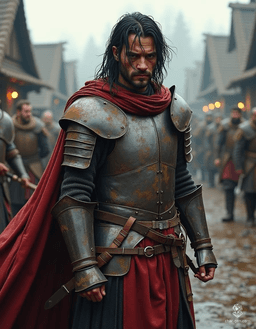 A battle-hardened human warrior stands weary but resolute in a medieval village. Clad in tattered leather armor and a flowing red cloak, his messy, wet black hair drips from the recent battle. Dirt streaks his skin, reflecting the scars of countless conflicts and his unwavering spirit.