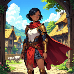 The vigilant town guard, clad in striking red and white armor, patrols the cobbled streets and stands watch at the gates. His chainmail glints under the sun, embodying duty and dedication, ready to protect the realm from any lurking danger.