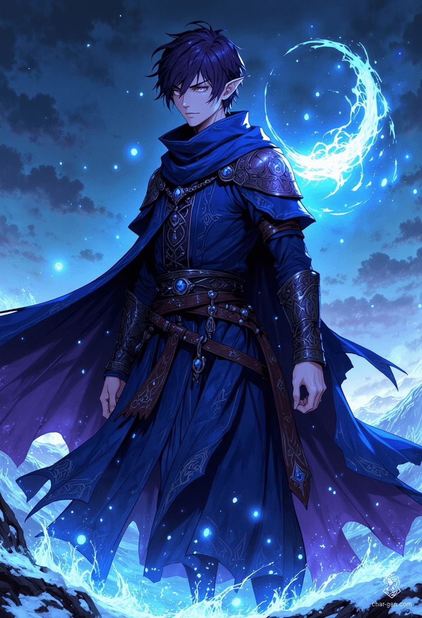 A striking sorcerer stands in an icy field, his thin build draped in an elaborate dark blue robe. With glowing violet eyes and short dark purple hair, he channels swirling magic from his hands, casting an enchanting aura amidst the harsh winds of winter.