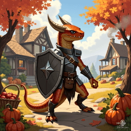 Luna, a fluid-gender half-kobold, half-goloma fighter, boasts a copper-scaled, muscular physique. Clad in steel breastplate and tattered leather armor, they wield a steel shield mid-battle, showcasing their eight black eyes and fierce determination as a hardened outlaw. A dynamic blend of resilience and cunning.