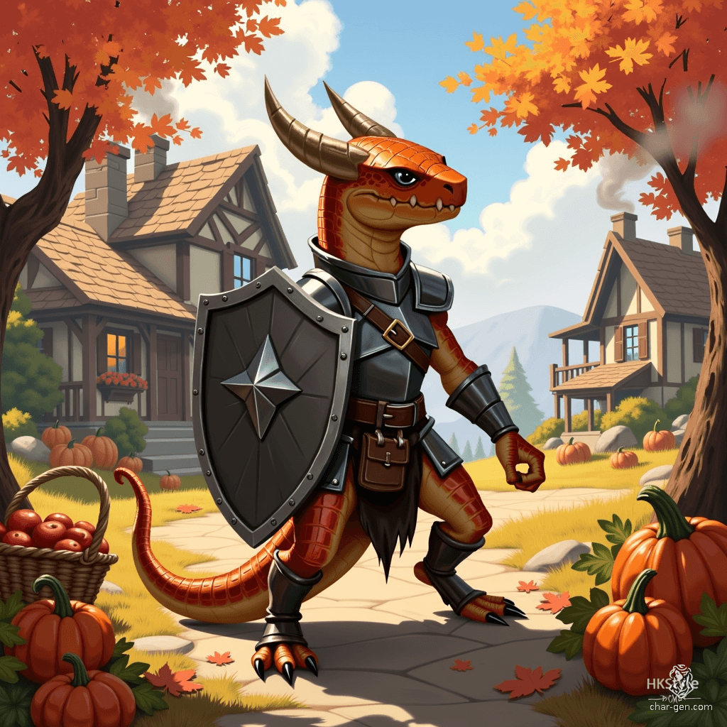 Luna, a fluid-gender half-kobold, half-goloma fighter, boasts a copper-scaled, muscular physique. Clad in steel breastplate and tattered leather armor, they wield a steel shield mid-battle, showcasing their eight black eyes and fierce determination as a hardened outlaw. A dynamic blend of resilience and cunning.