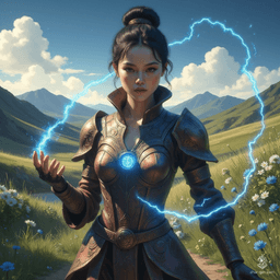 Jouli, a strikingly beautiful middle-aged investigator mage of East Asian descent, stands 5'4" in intricately embossed leather armor. Her fair skin shimmers in the sunlight as she traces a glowing blue rune, her pixie cut accentuating her bright, concerned eyes. A dedicated librarian among ancient texts, she embodies grace and strength.