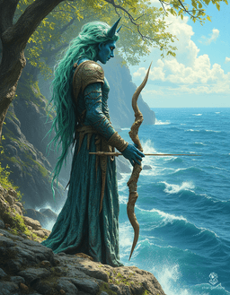 Kaelen, a male triton ranger, stands poised on a cliff, merging land and sea. His striking deep sea-blue skin glistens like scales, complemented by kelp-green hair adorned with shells. With a driftwood bow in hand and a trident dagger at his side, he embodies the guardianship of both ocean and forest.