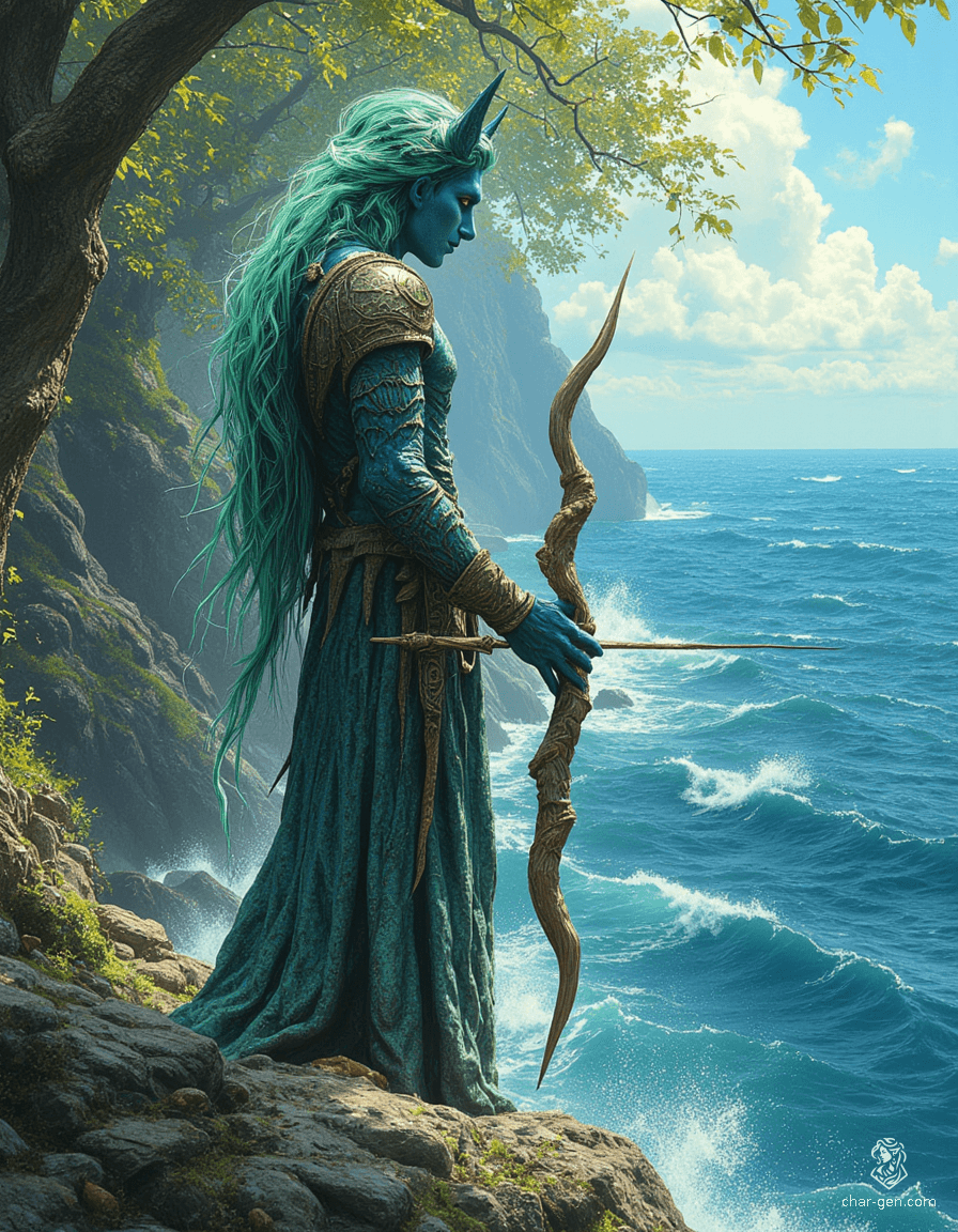 Kaelen, a male triton ranger, stands poised on a cliff, merging land and sea. His striking deep sea-blue skin glistens like scales, complemented by kelp-green hair adorned with shells. With a driftwood bow in hand and a trident dagger at his side, he embodies the guardianship of both ocean and forest.