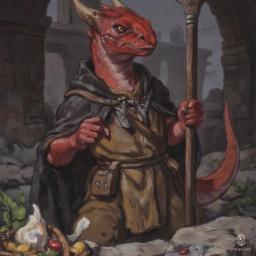 Toki, a young male dragon-headed kobold cleric, embodies serenity as he heals the wounded with his herbal skills. Adorned in brown clothes and a black cape, his striking red scales and white underbelly contrast with the acid burns on his face. With a staff in hand and compassion in his heart, he brings hope to his adventuring party.