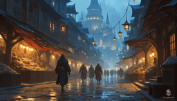 In Westcrown, a light drizzle shrouds narrow cobblestone streets, where townsfolk, cloaked against the rain, navigate the fog. Water cascades from ornate wrought iron balconies, and faded stone facades melt into a mystical mist, creating an enchanting tapestry of forgotten tales and whispered secrets.