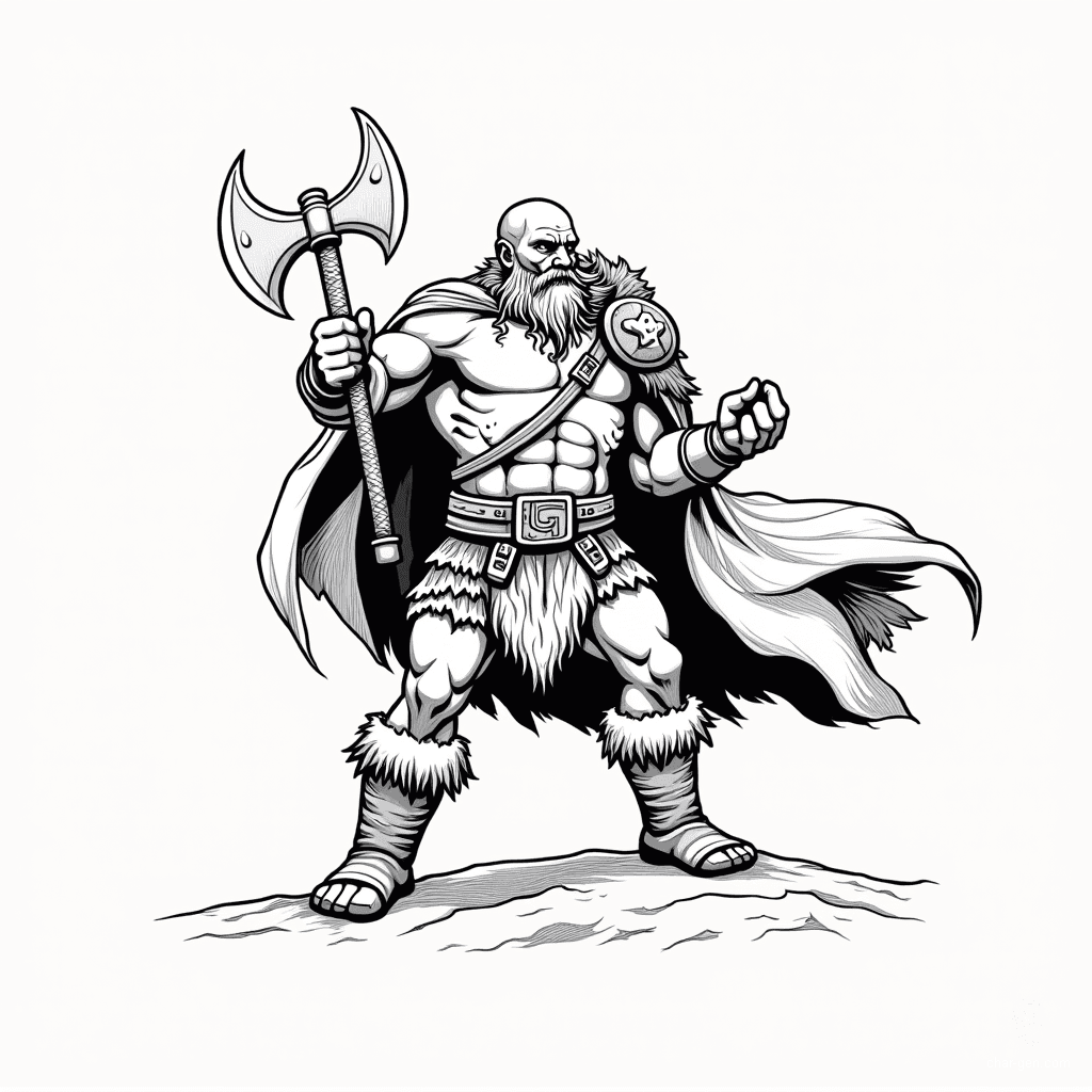 Thraug the Axe-Wielder is a fearsome barbarian warrior hailing from the Frostclaw Highlands. Muscled and rugged, he devastates foes with his massive double-headed axe. Guided by primal instincts and ancient traditions, Thraug embodies raw strength and relentless bravery, ready to defend his clan against any threat.