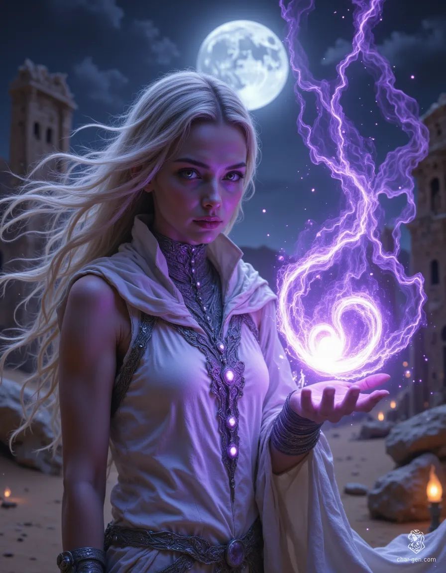 Kall’Ithandra, the renegade Elven Mage, is a striking figure amidst the crumbling ruins of Es-Shna. With her flowing white hair, violet eyes, and glowing pendant, she exudes both beauty and power. Commanding violet magic in her hand, her athletic frame and enchanting presence make her an unforgettable guardian of the night.
