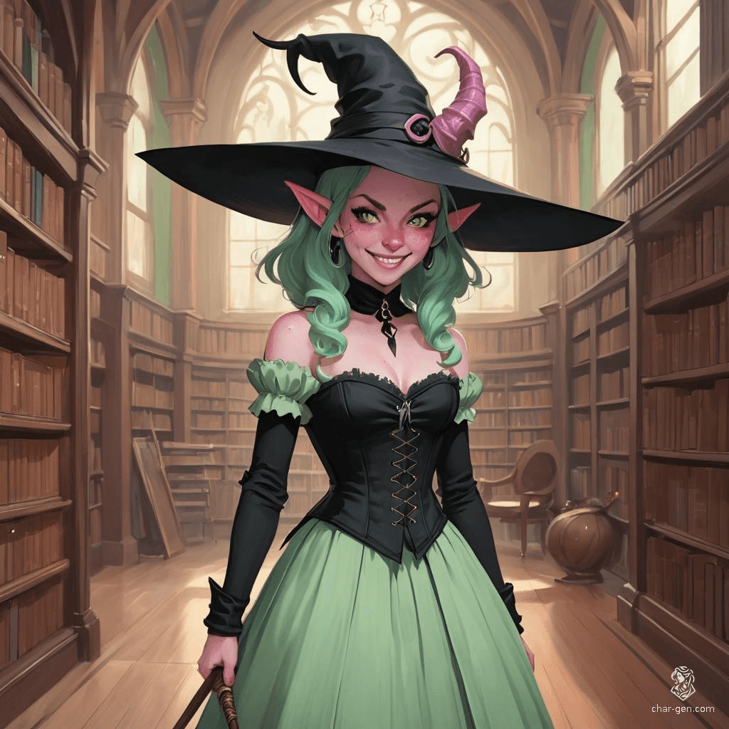 A mischievous tiefling sorceress, with pink skin and cute freckles, dons a huge witch hat that conceals her small horns. Her possessed black eyes sparkle with malice as she wields a natural staff, dressed in black and pastel green corset attire, within an eerie library hall.