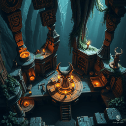 Venture into the Tomb of Annihilation, an ancient jungle temple teeming with peril. Navigate crumbling stone platforms, overgrown vines, and dark passageways. Beware traps and hidden rooms marked by ominous symbols. At its heart, a menacing altar flanked by torches awaits, shrouded in mist and foreboding light. Secrets, skeletal remains, and forgotten treasures beckon the brave.
