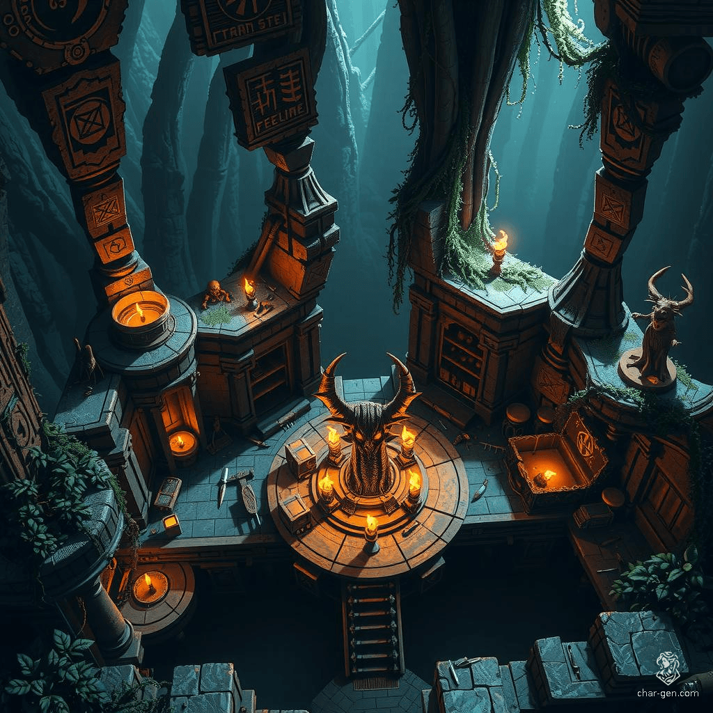 Venture into the Tomb of Annihilation, an ancient jungle temple teeming with peril. Navigate crumbling stone platforms, overgrown vines, and dark passageways. Beware traps and hidden rooms marked by ominous symbols. At its heart, a menacing altar flanked by torches awaits, shrouded in mist and foreboding light. Secrets, skeletal remains, and forgotten treasures beckon the brave.