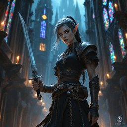 Jacqueline Savatier, a 24-year-old half-elf bard, wields a scimitar with grace, her nimble fingers dancing over her magical instrument. Orphaned in Ravenholme, she charms audiences with music and acrobatics, fueled by a fierce independence and a desire for a better life.