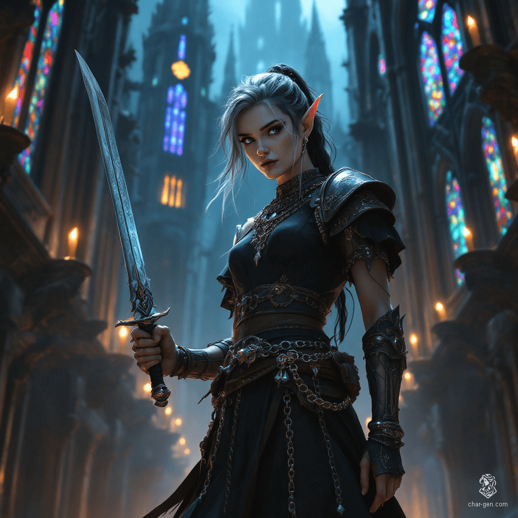 Jacqueline Savatier, a 24-year-old half-elf bard, wields a scimitar with grace, her nimble fingers dancing over her magical instrument. Orphaned in Ravenholme, she charms audiences with music and acrobatics, fueled by a fierce independence and a desire for a better life.