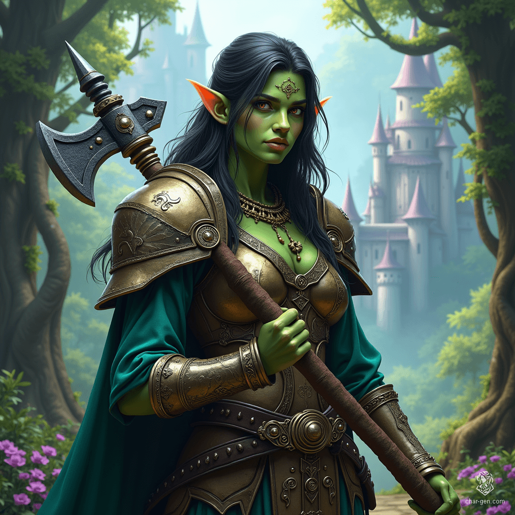 Mugzug the Tiny, a captivating half-orc warlock, wields a gleaming mace and emanates an aura of magic. Noble-born yet yearning for forbidden love, she defies her family's desires, driven by her wisdom, charm, and a heart torn between duty and passion.