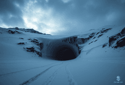 Nestled within towering, jagged mountains, the expansive ice cave looms like a hidden world, its frosted entrance shimmering with an ethereal glow. Above, a tempestuous sky blankets the landscape in deep gray, while untouched snow blankets the ground, creating a surreal, haunting silence that envelops all.