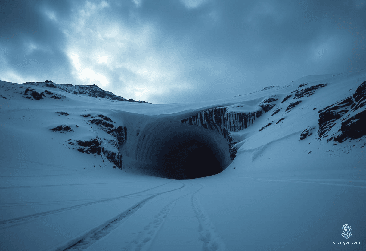 Nestled within towering, jagged mountains, the expansive ice cave looms like a hidden world, its frosted entrance shimmering with an ethereal glow. Above, a tempestuous sky blankets the landscape in deep gray, while untouched snow blankets the ground, creating a surreal, haunting silence that envelops all.