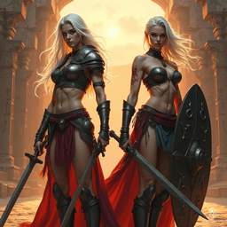 In a fiery gladiator arena, two fierce Drow sisters stand ready for battle. The tall warrior, with flowing white hair and piercing red eyes, wields dual swords, exuding grace and strength. Next to her, the stockier sister, gripping a battered shield adorned with runes, showcases her battle scars and unwavering determination.