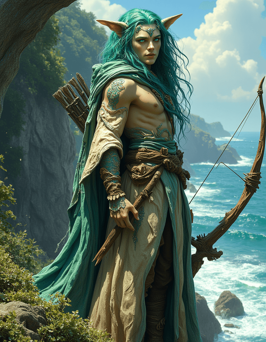 Kaelen, a triton ranger, melds ocean and forest in his striking appearance. With muted aqua skin, kelp-green hair entwined with nature, and armor of sea-forged leather, he vigilantly guards the cliffside. His iridescent eyes reflect curiosity, embodying the harmony between land and sea.