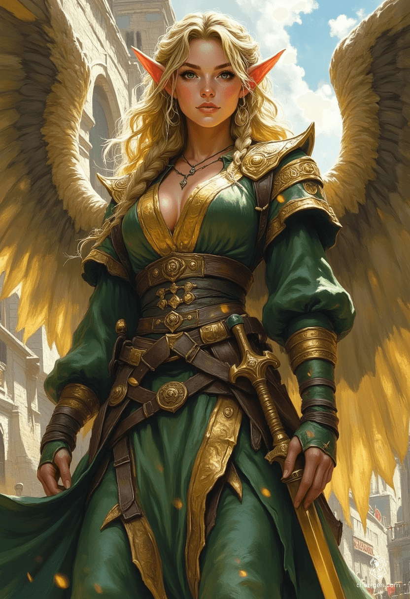 Sigarda, the radiant angel, floats majestically against a vibrant sky, draped in glimmering green and gold armor. Her golden hair cascades around a striking visage, highlighted by brilliantly glowing eyes. Grasping a magical sword, she embodies beauty and strength in a painterly style rich with color and emotion.