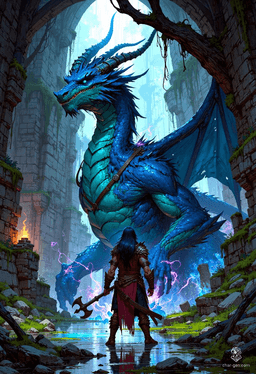 Az'ur Sininen, a noble dragonborn barbarian, stands at 6'7" with striking blue scales and dark blue eyes. A folk hero wielding a morningstar, he exudes strength and agility. Clad in an intricately shifting cloak, Az'ur embodies sincerity, haunted yet proud of his past, driven by authenticity and resilience.