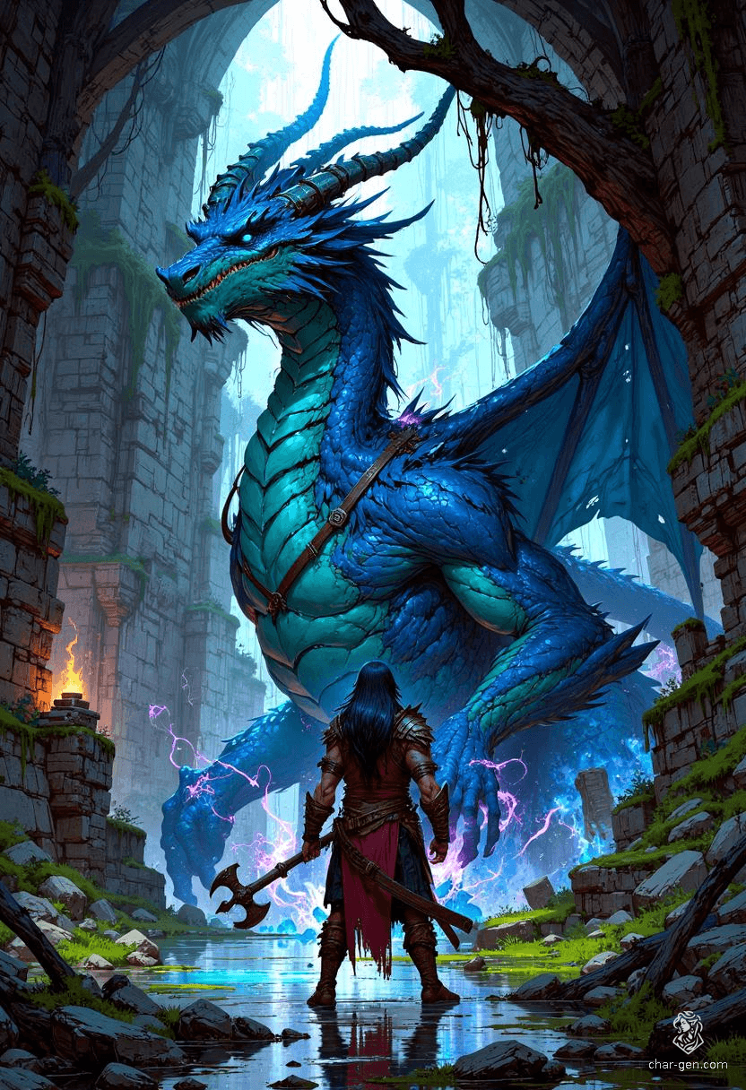 Az'ur Sininen, a noble dragonborn barbarian, stands at 6'7" with striking blue scales and dark blue eyes. A folk hero wielding a morningstar, he exudes strength and agility. Clad in an intricately shifting cloak, Az'ur embodies sincerity, haunted yet proud of his past, driven by authenticity and resilience.