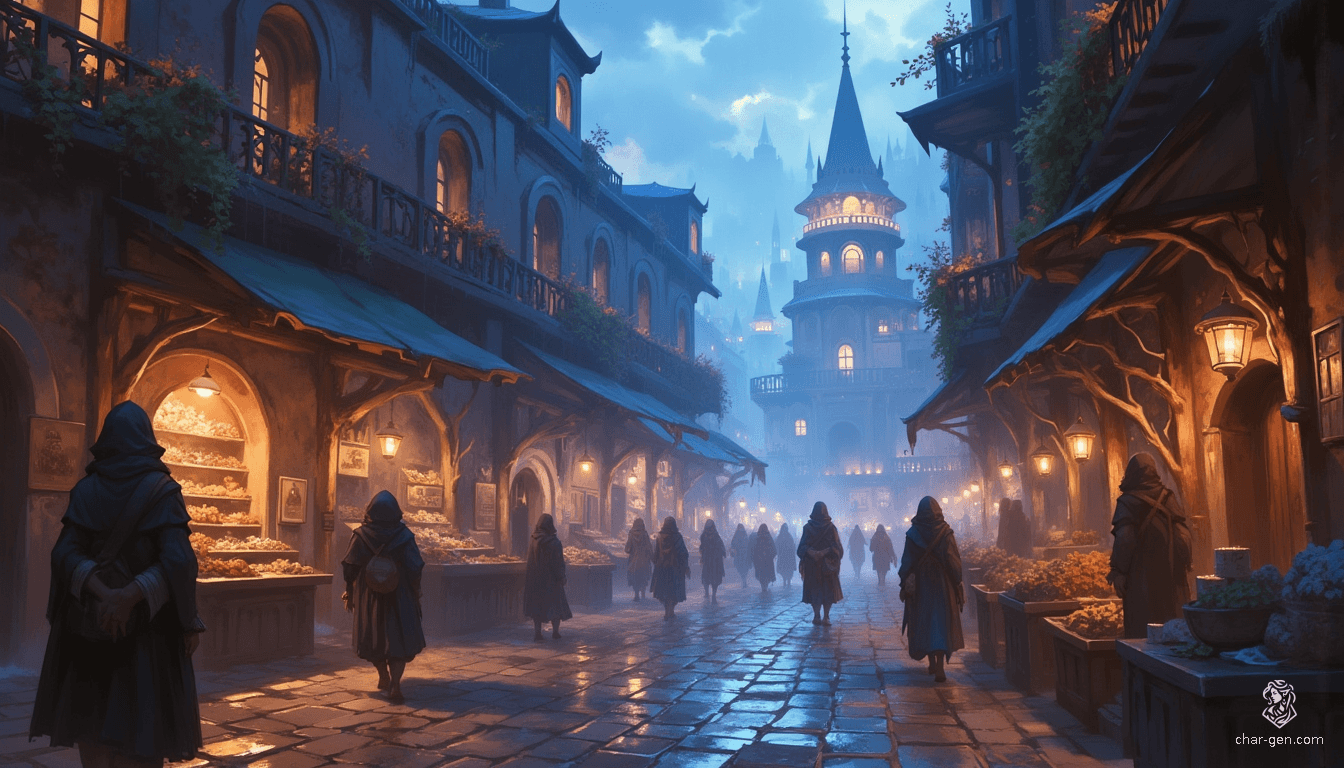 In Westcrown, a light drizzle shrouds narrow cobblestone streets, where townsfolk, cloaked against the rain, navigate the fog. Water cascades from ornate wrought iron balconies, and faded stone facades melt into a mystical mist, creating an enchanting tapestry of forgotten tales and whispered secrets.