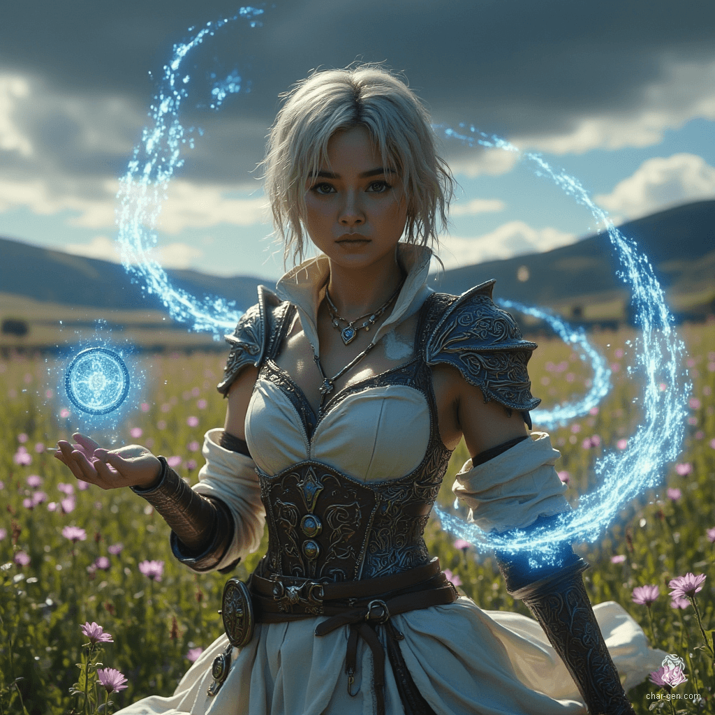 Jouli is a strikingly gorgeous middle-aged investigator mage of East Asian descent, standing 5'4" with a lithe frame. Her fair skin shimmers in sunlight as she carves a glowing blue rune in a defensive pose. Clad in intricately embossed white leather armor, her bright, concerned eyes reflect wisdom and strength amidst towering bookshelves.