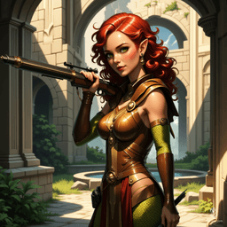 Izzy, a grizzled halfling assassin, exudes a captivating mix of competence and malice. With her medium-toned, subtly scaled skin, yellow-green serpent-like eyes, and curly red hair, she masterfully wields her heavy crossbow. Clad in practical leather armor, she embodies the thrill of the hunt, poised and focused on her prey.