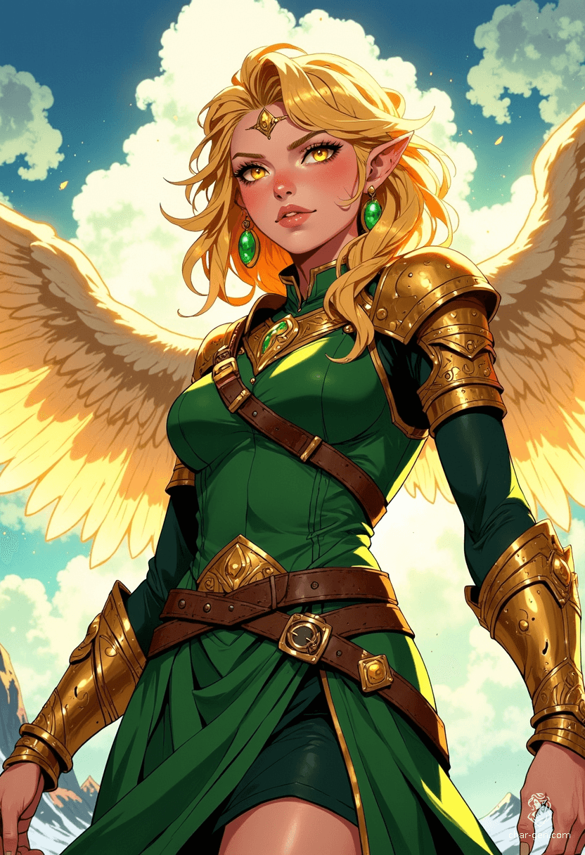 Sigarda, a stunning angelic figure, radiates beauty and power in her green and gold armor. With golden hair, glowing gold eyes, and a dynamic pose, she floats gracefully in the sky, embodying vibrant colors and a striking anime-inspired design, illuminated by high-contrast lighting.