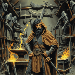 Amidst the towering trees of the forest, a confident male dwarf stands as a skilled armorer and fighter. His tan skin and jet-black hair create a striking contrast as he dons chainmail armor beneath a brown cloak. Surrounded by hammers and suits of armor, he crafts protection for warriors with unwavering determination.