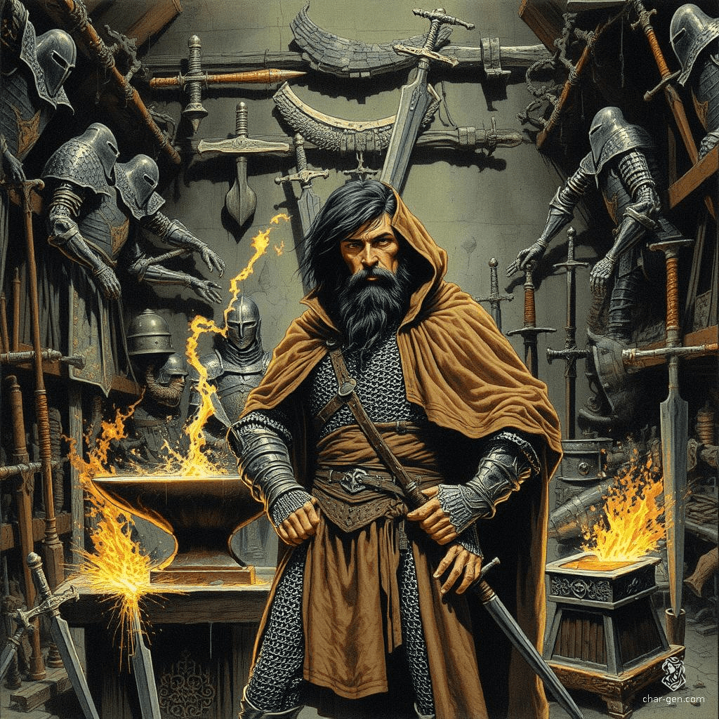 Amidst the towering trees of the forest, a confident male dwarf stands as a skilled armorer and fighter. His tan skin and jet-black hair create a striking contrast as he dons chainmail armor beneath a brown cloak. Surrounded by hammers and suits of armor, he crafts protection for warriors with unwavering determination.