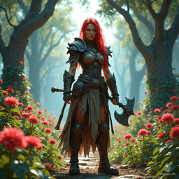 A fierce and rugged female barbarian with fair skin and striking cherry red hair, she embodies strength and wildness. Her bold appearance and fierce determination make her a formidable force on the battlefield, commanding respect and awe among allies and foes alike.