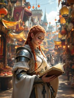 A stout, female dwarven cleric radiates warmth at a town festival, her red braided hair glistening in the sunlight. Clad in silver armor and a gold-trimmed white tabard, she smiles brightly as she scans an ancient tome, her morningstar hanging by her side. A vibrant presence amidst towering shelves, she harmonizes faith and knowledge.